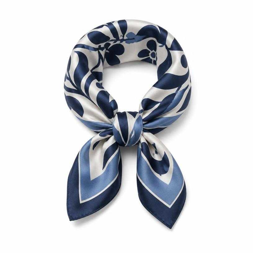 Generated item image of blue and white printed silky fabric neck scarf