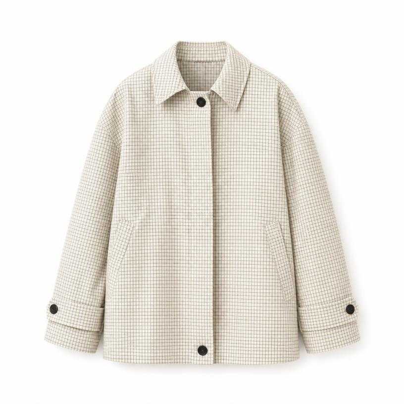 Generated item image of oversized cream with muted gray check light check pattern woven cotton jacket