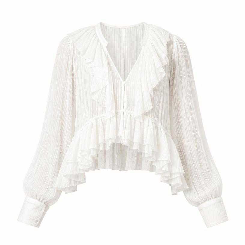 Generated item image of relaxed white cropped ruffled sheer crinkled lightweight fabric blouse