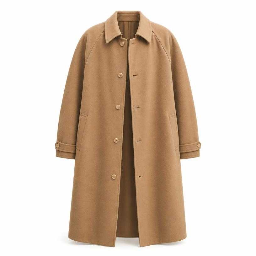 Generated item image of oversized camel tan long length wool-like coating overcoat