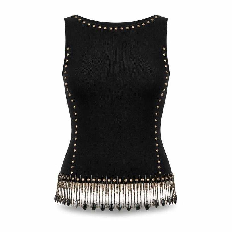Generated item image of fitted black studded fringe hem knit fabric sleeveless top
