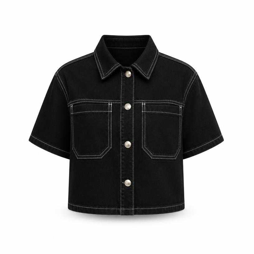 Generated item image of relaxed black contrast stitching denim-like woven fabric short-sleeve button-front top