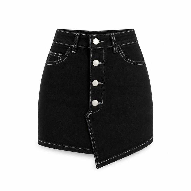 Generated item image of fitted black contrast stitching denim-like woven fabric mini skirt