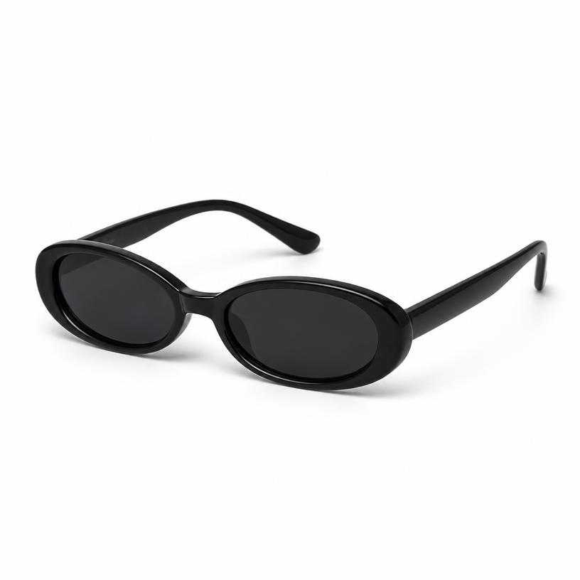Generated item image of fitted black narrow oval dark tinted lens and frame sunglasses