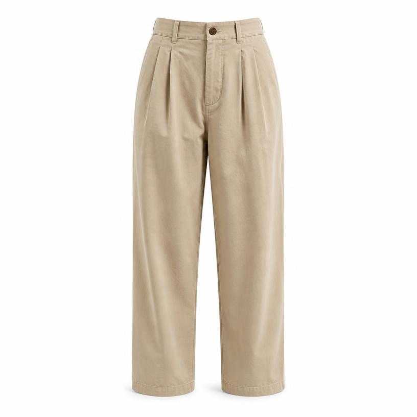 Generated item image of relaxed beige tan pleated woven cotton-like fabric trousers