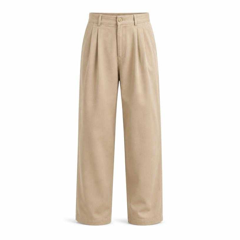 Generated item image of relaxed beige pleated cotton twill trousers