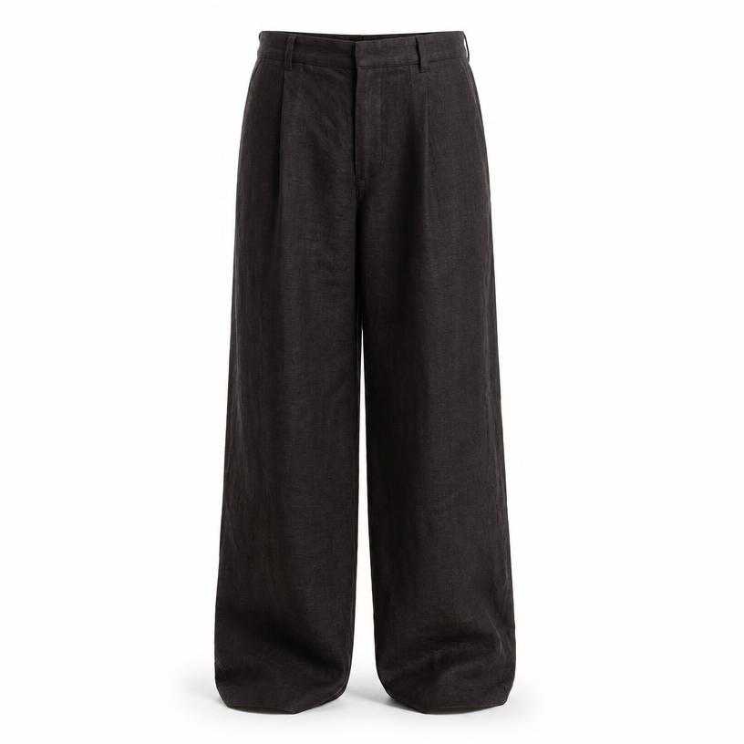 Generated item image of relaxed very dark brown-black wide leg linen-like woven fabric trousers