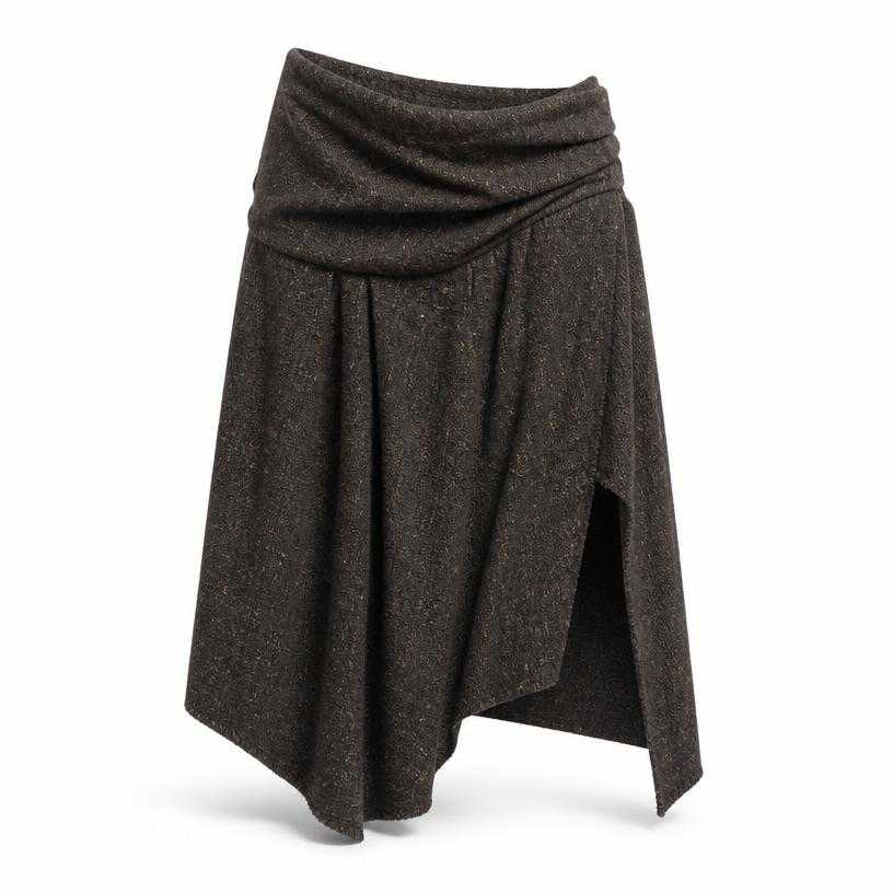 Generated item image of relaxed dark charcoal brown asymmetric woven draped skirt