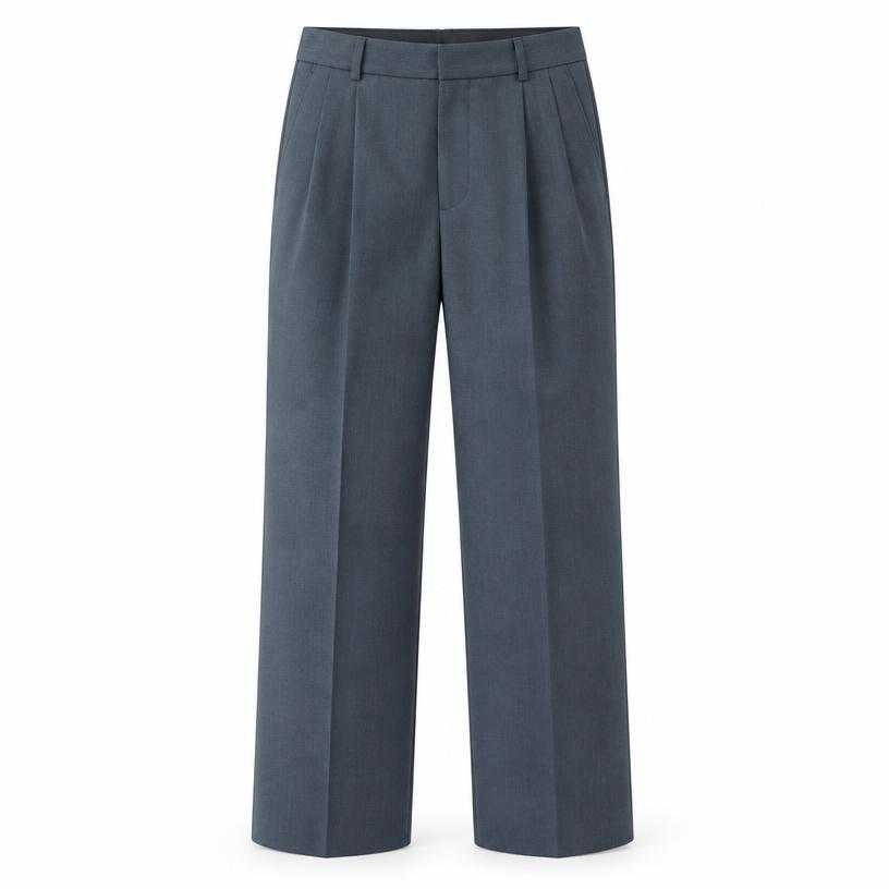 Generated item image of relaxed blue-grey front crease woven suiting fabric tailored trousers