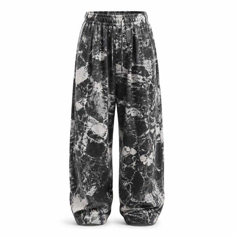 Generated item image of relaxed black grey and white abstract print trousers