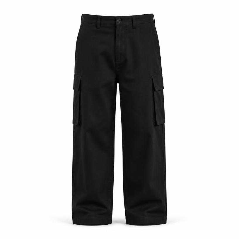 Generated item image of relaxed black wide-leg cotton twill cargo trousers