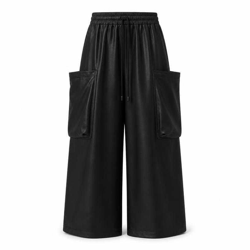 Generated item image of oversized black cargo pockets coated fabric wide-leg trousers