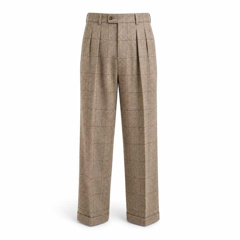 Generated item image of relaxed beige tan front pleats tweed trousers