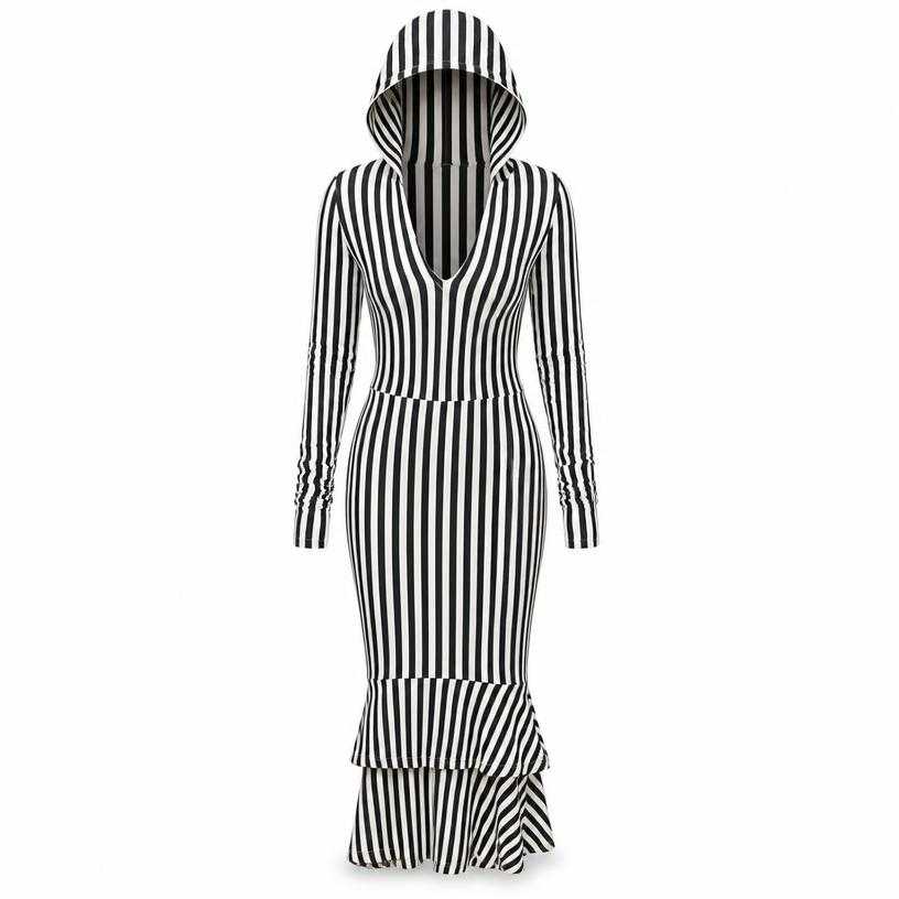 Generated item image of fitted black and white striped stretch knit jersey hooded midi dress