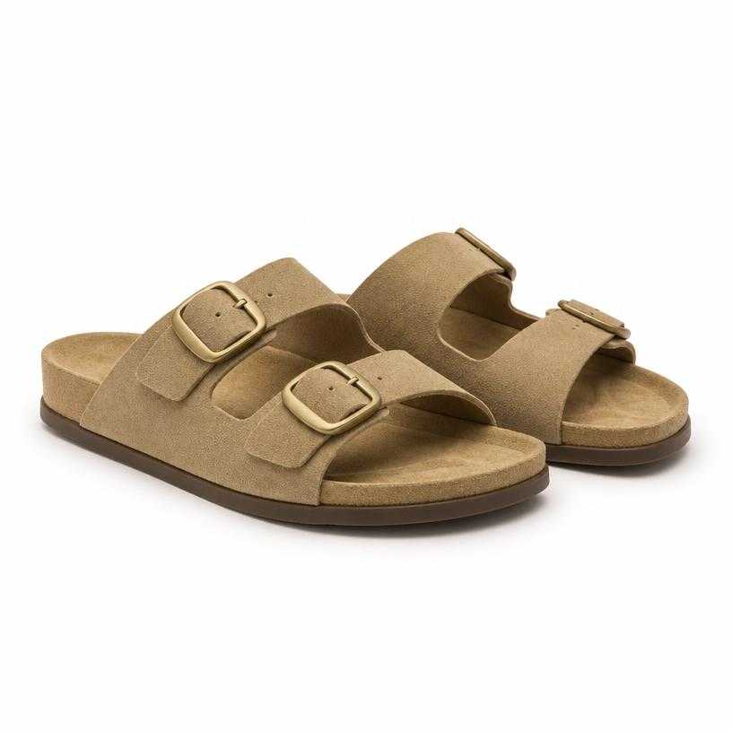 Generated item image of relaxed tan double buckle flat sandals