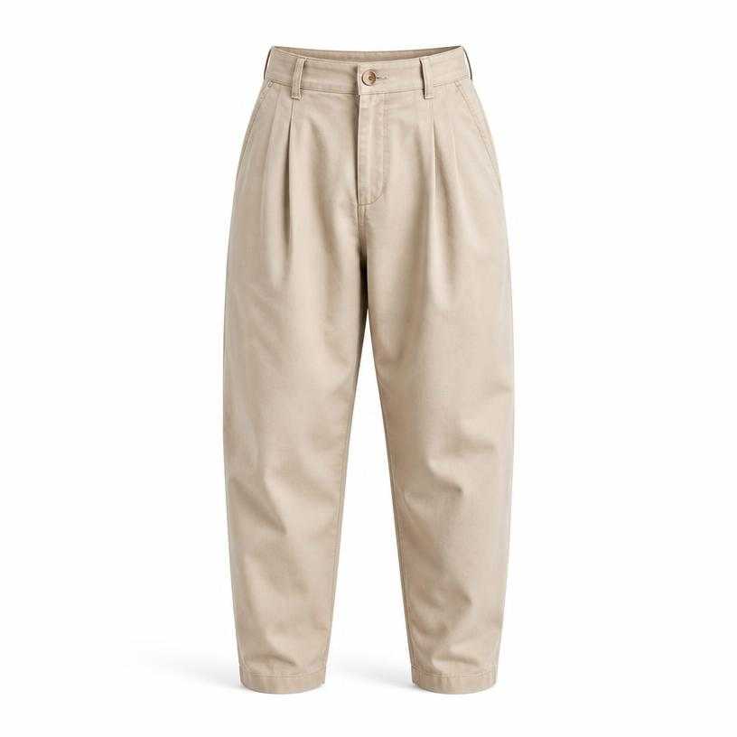 Generated item image of relaxed beige high-waisted pleated cotton twill trousers
