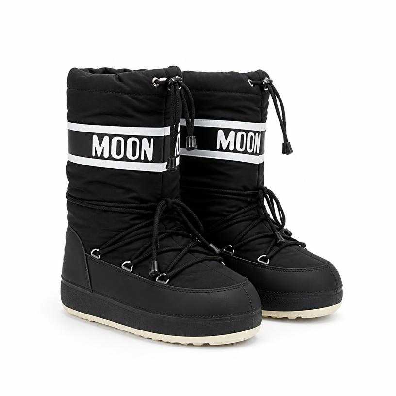 Generated item image of relaxed black and white chunky insulated synthetic textile snow boots