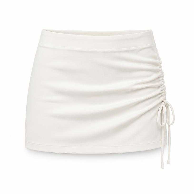 Generated item image of fitted white side drawstring smooth woven fabric mini skirt