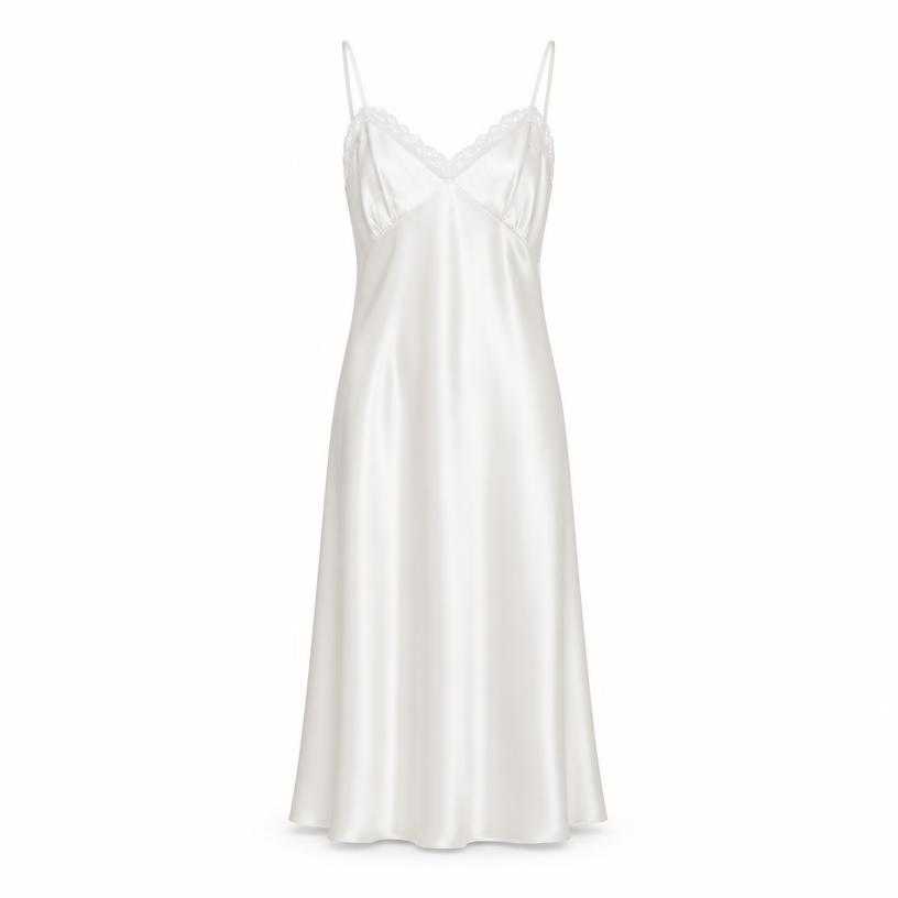 Generated item image of relaxed white lace-trim satin-like fabric slip dress