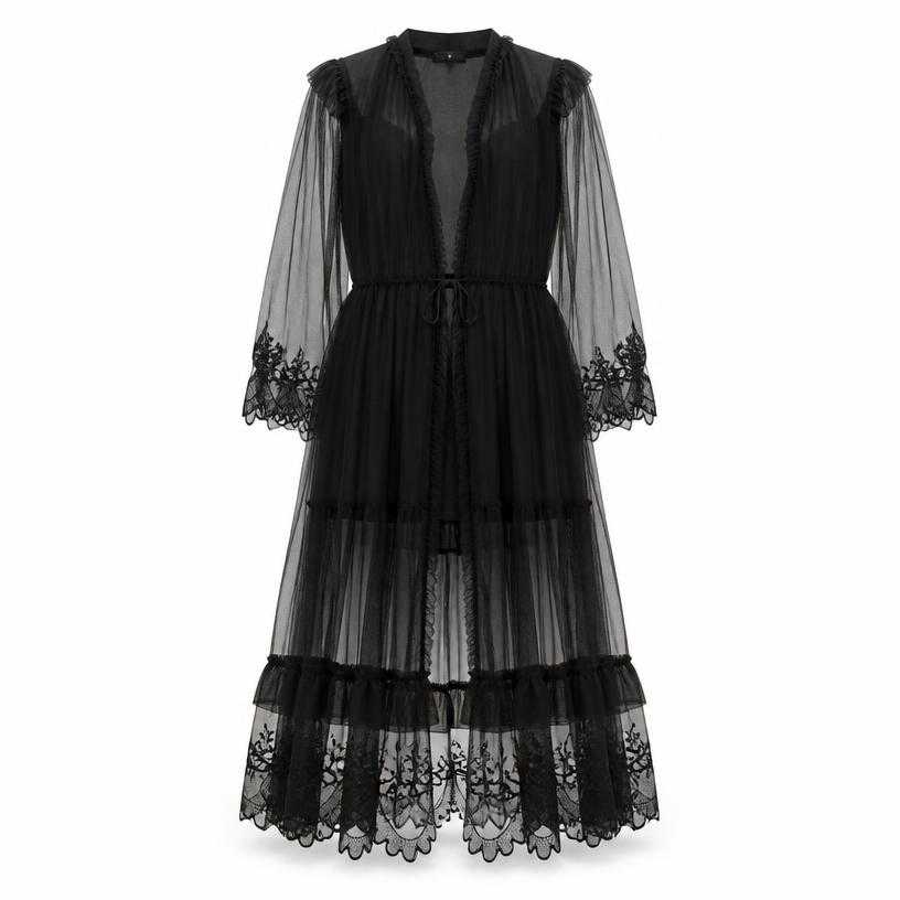 Generated item image of relaxed black ruffled sheer tulle and lace dress layer