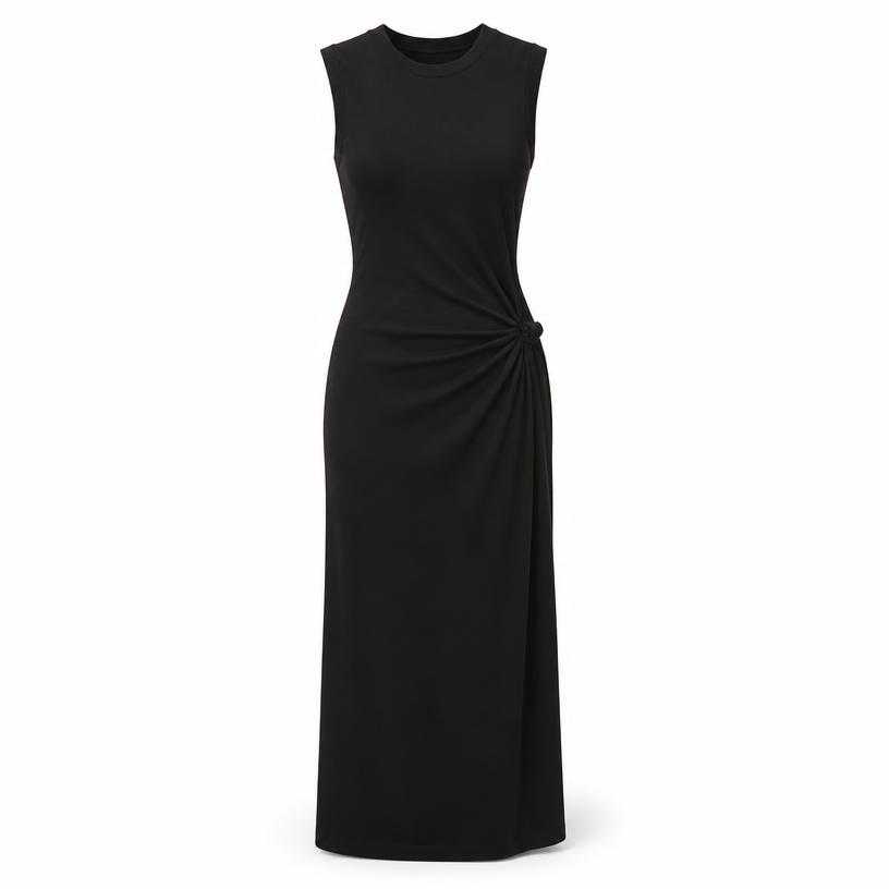 Generated item image of fitted black gathered smooth knit sleeveless dress