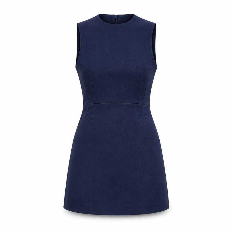 Generated item image of fitted deep navy blue sleeveless structured woven fabric mini dress
