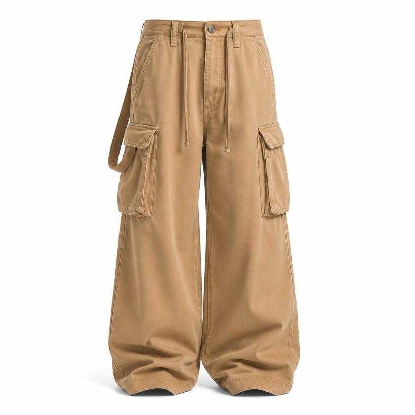 Generated item image of oversized tan wide leg cotton twill cargo trousers