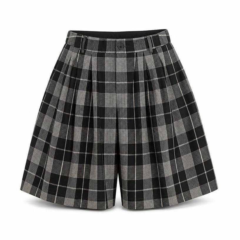 Generated item image of oversized black and grey plaid woven knee-length shorts