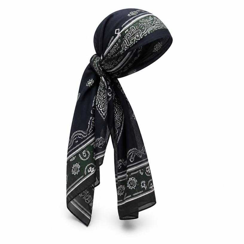 Generated item image of dark navy paisley patterned lightweight fabric headscarf