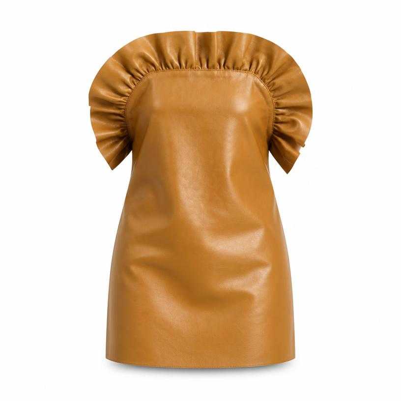 Generated item image of relaxed warm tan brown gathered ruffle leather mini dress