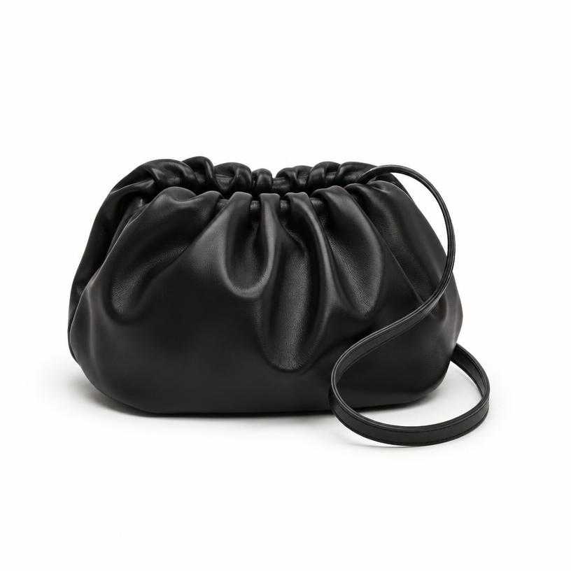 Generated item image of black ruched leather-like pouch handbag