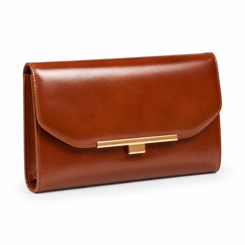 Generated item image of cognac brown structured glossy leather clutch bag