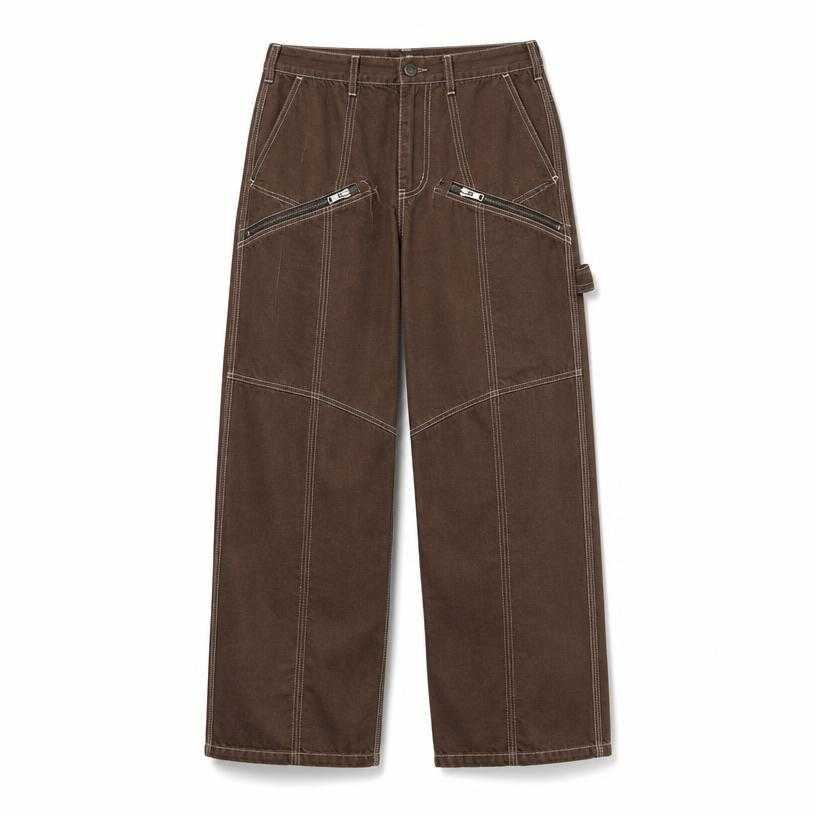 Generated item image of relaxed brown contrast stitching heavy cotton twill utility trousers