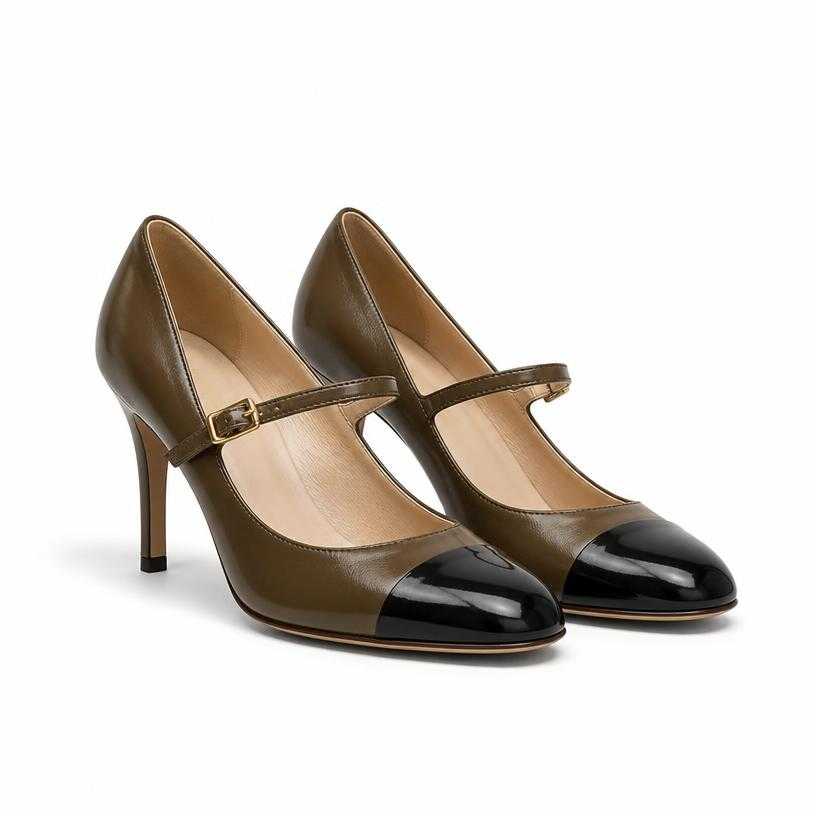 Generated item image of dark olive-brown ankle strap leather-like heels