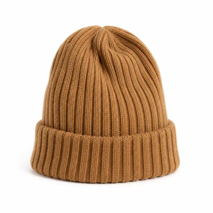Generated item image of fitted camel brown folded cuff ribbed knit beanie