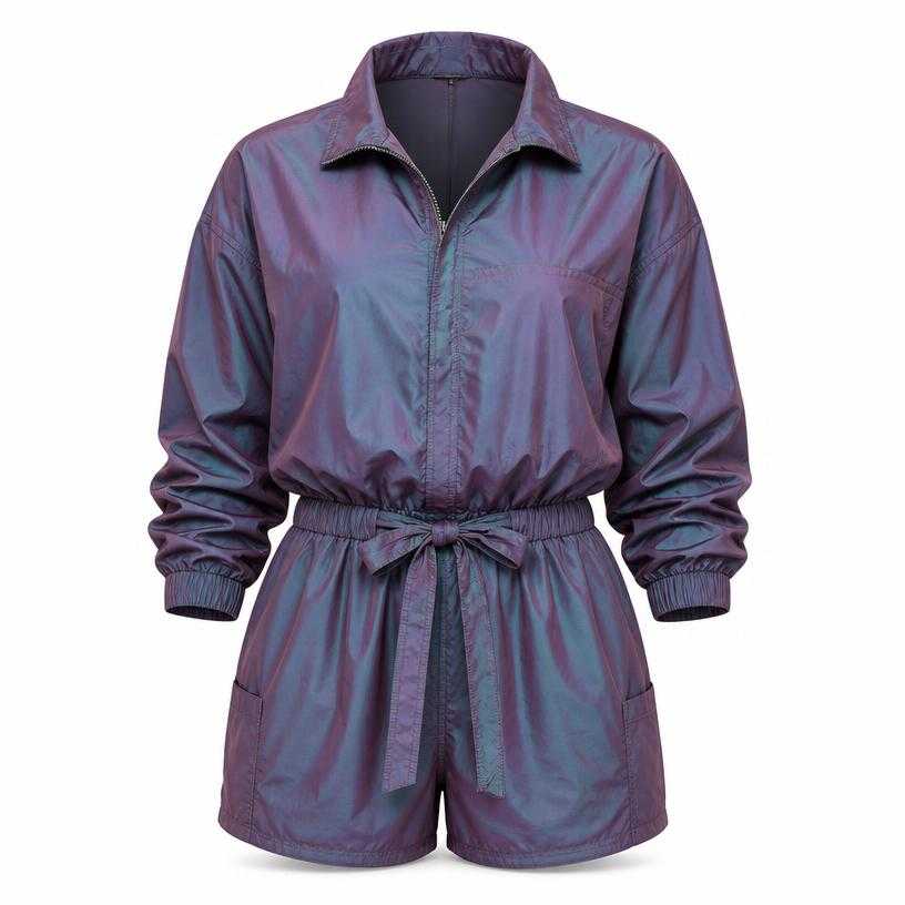 Generated item image of relaxed blue-purple iridescent collared synthetic nylon romper