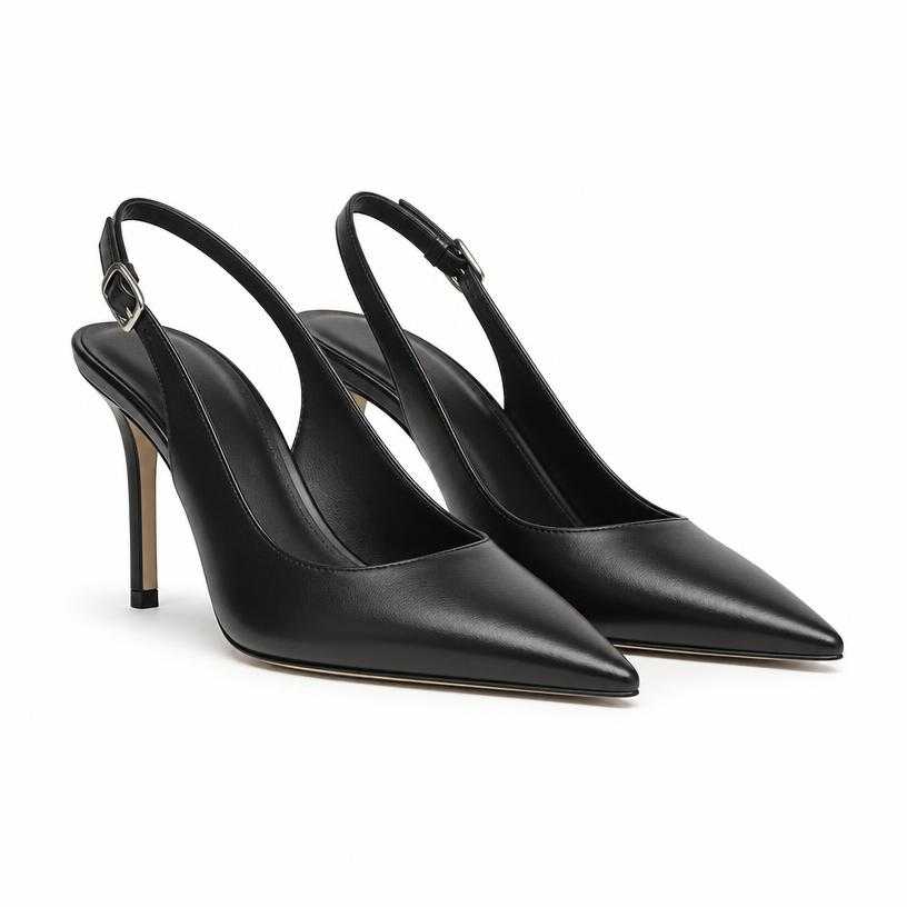 Generated item image of fitted black pointed toe smooth leather-like material slingback heels