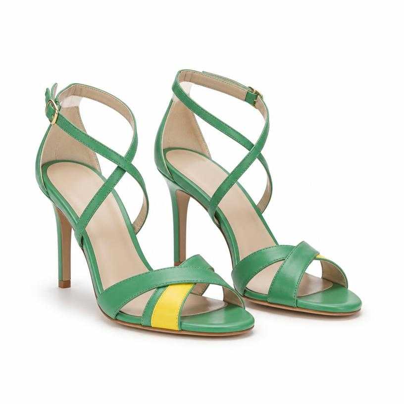 Generated item image of fitted green strappy smooth leather-like material heeled sandals