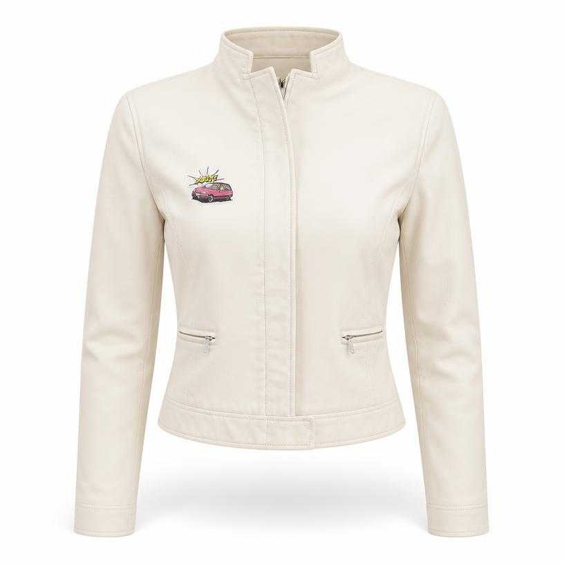Generated item image of fitted cream cropped smooth structured fabric zip-front jacket