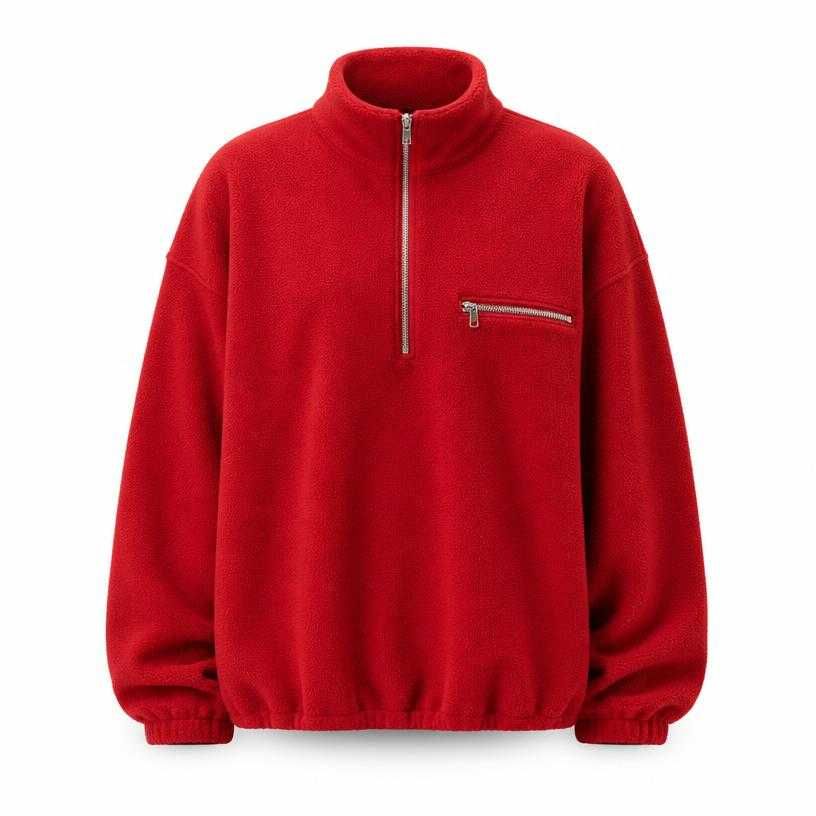 oversized red stand collar fleece half-zip pullover