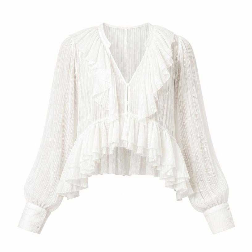 relaxed white cropped ruffled sheer crinkled lightweight fabric blouse