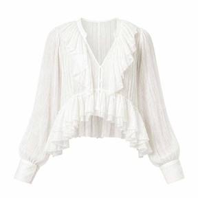 relaxed white cropped ruffled sheer crinkled lightweight fabric blouse