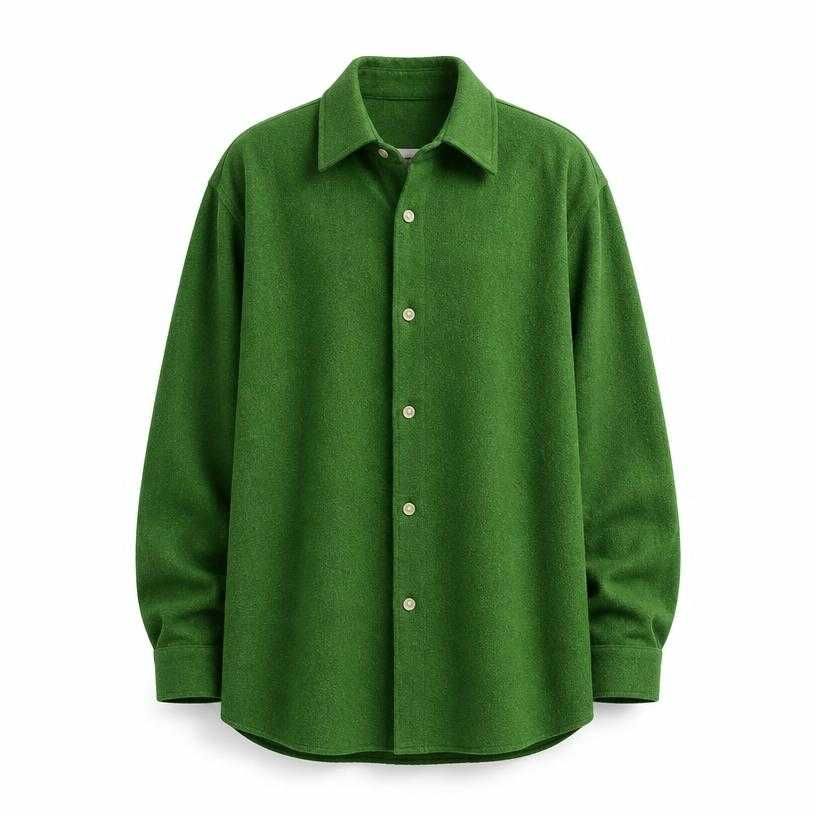 relaxed vivid green point collar soft textured fabric button-up shirt