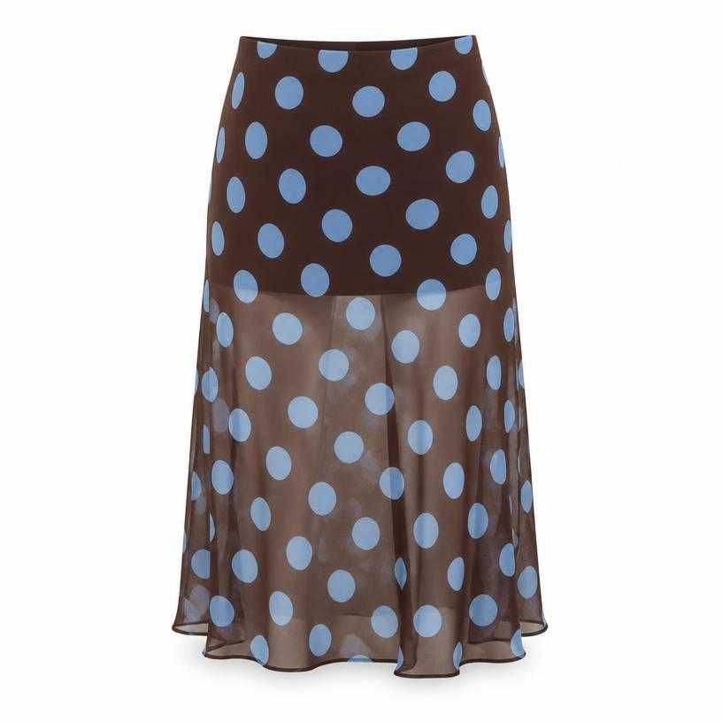 relaxed dark brown with powder blue print polka dot sheer lightweight fabric midi skirt