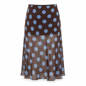 relaxed dark brown with powder blue print polka dot sheer lightweight fabric midi skirt