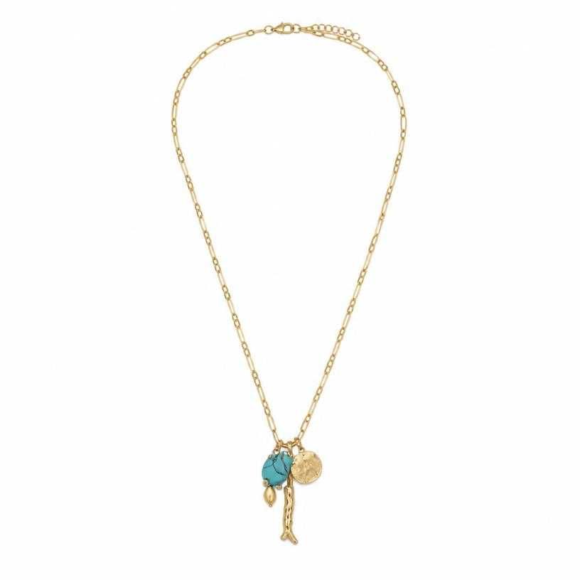 gold with blue accent long chain gold-tone metal pendant necklace