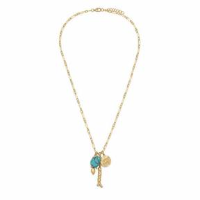gold with blue accent long chain gold-tone metal pendant necklace