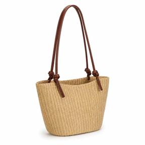 natural tan with brown straps basket-like woven straw shoulder bag