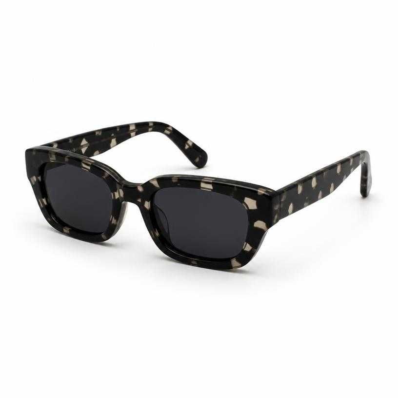 black with light patterning dark lenses glossy plastic sunglasses