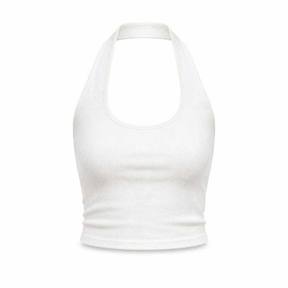 fitted white cropped ribbed knit fabric halter crop top
